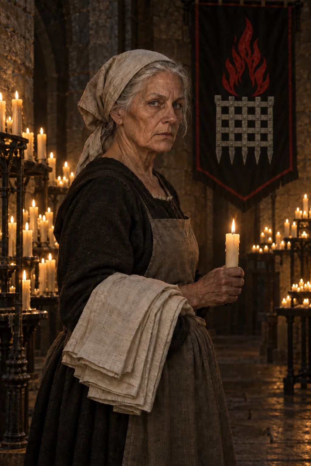 Marta in kerchief and apron — the kept version