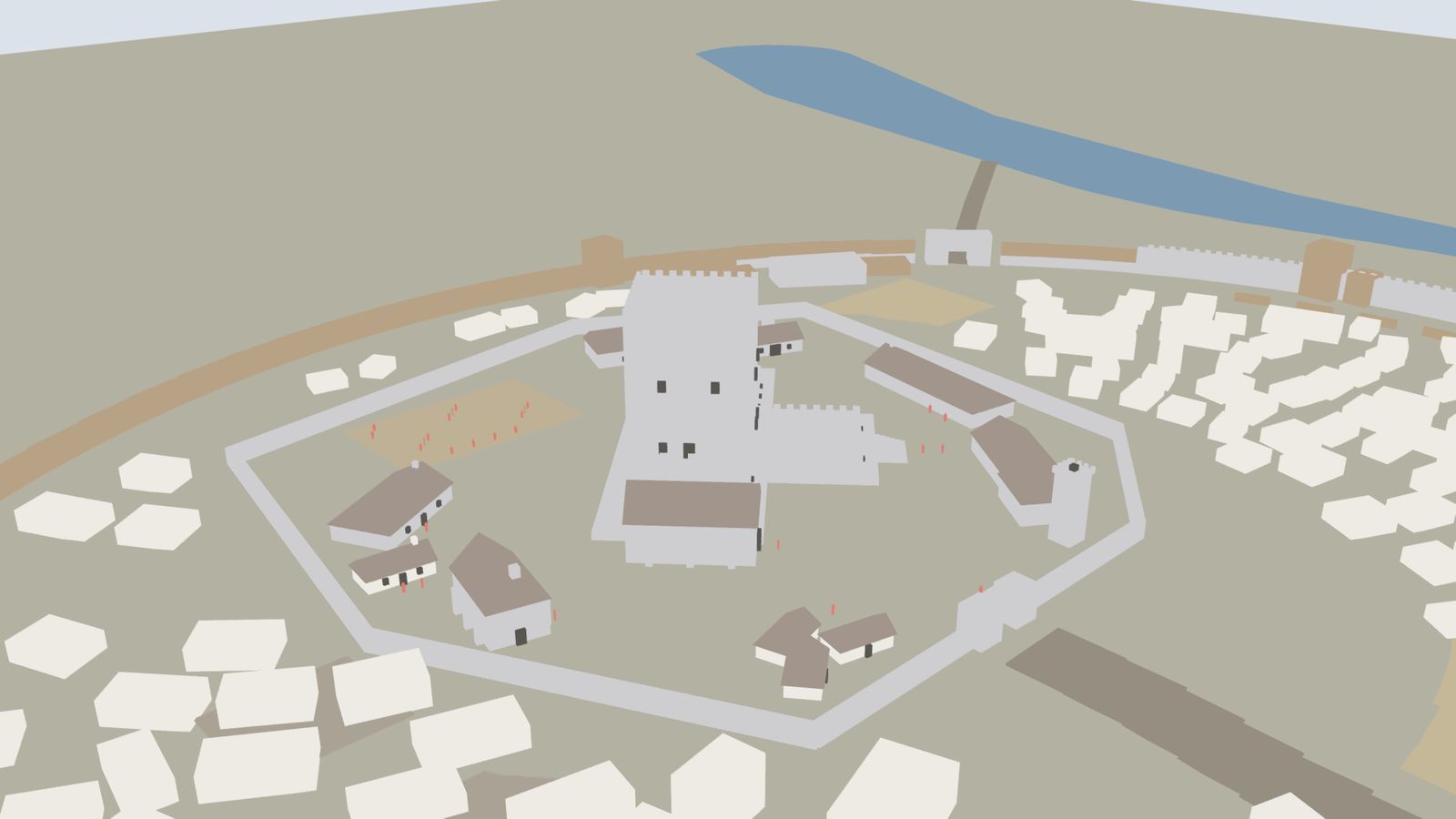 An aerial render of the grey whitebox keep