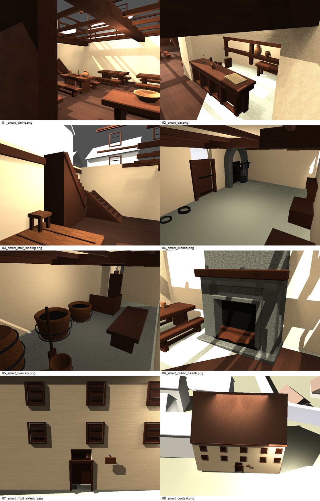 A contact sheet of tavern interior render passes