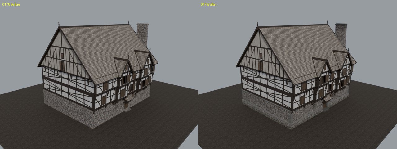 Before and after renders of the tavern exterior