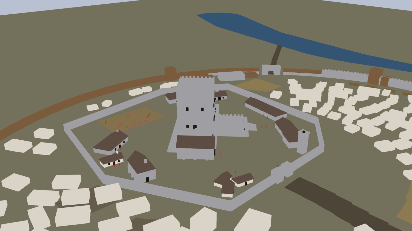 An early flat-colour render of the whole keep