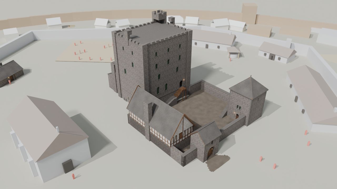 The inner ward with the textured keep, strong tower and lodging