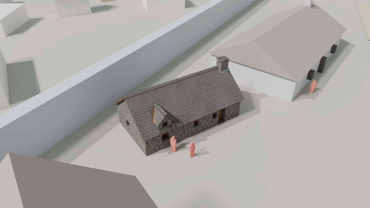 Anya's cottage in stone while surrounding buildings remain grey