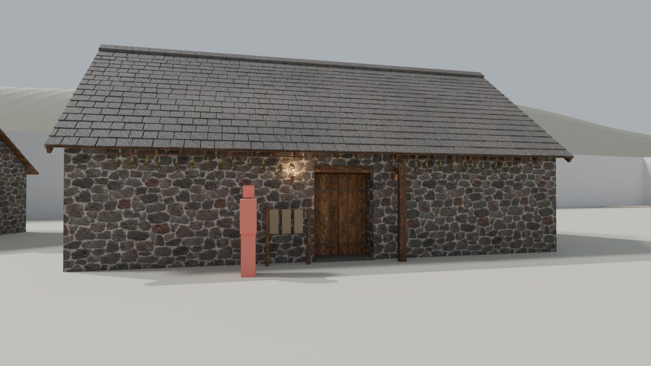 The infirmary front with herbs under the eaves and a pink scale figure