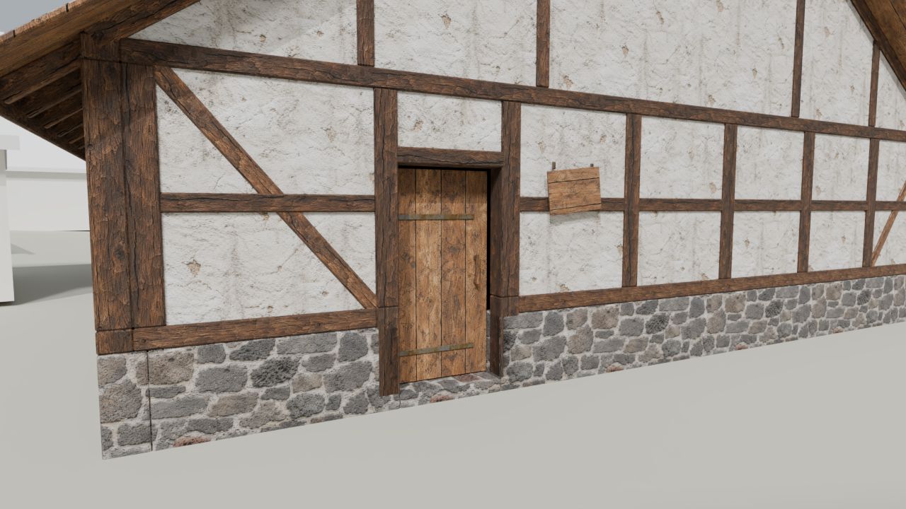 The half-timbered bathhouse entry