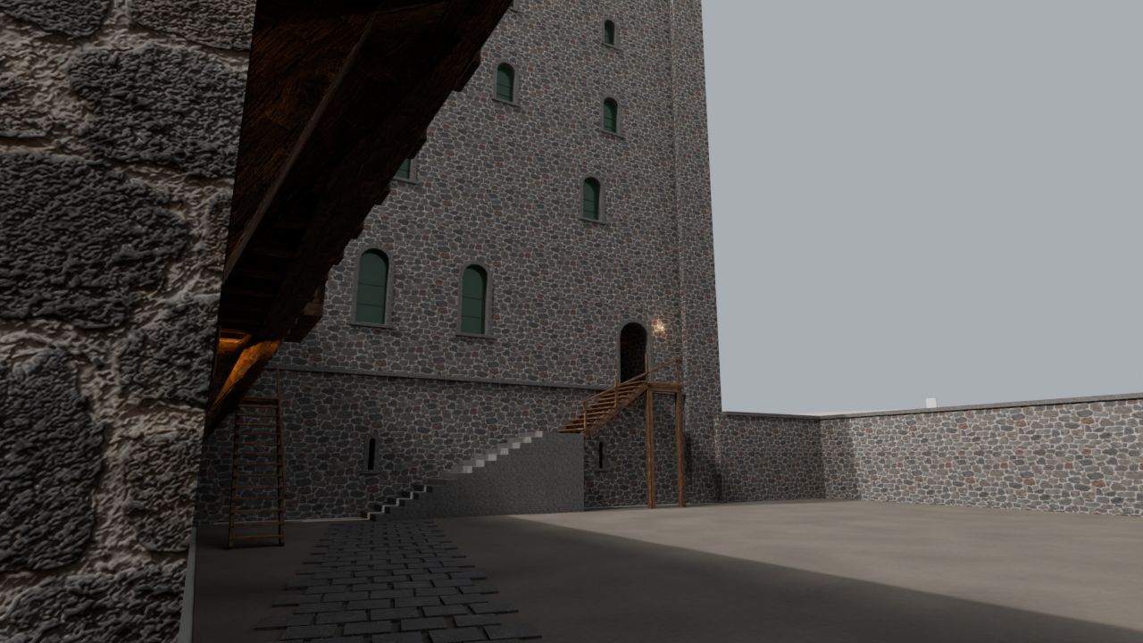 The keep yard with the timber stair to the raised door