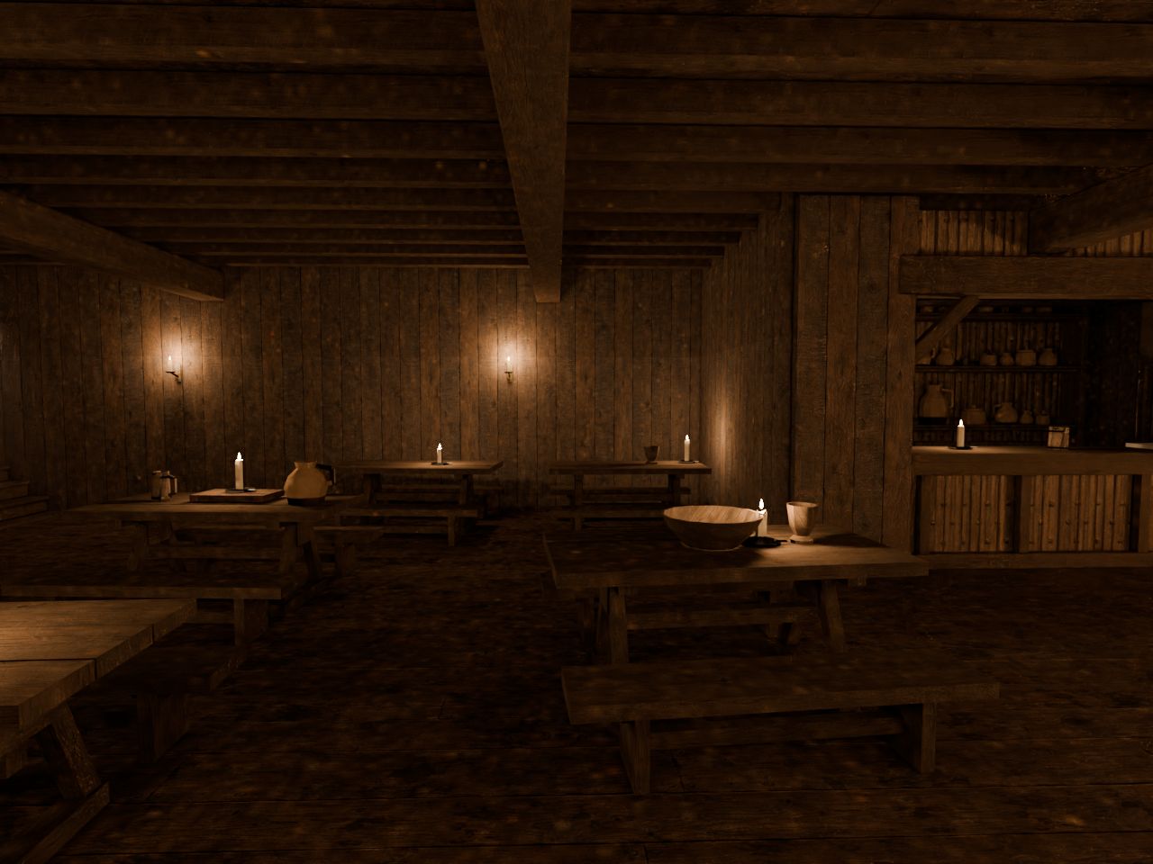 The candle-lit tavern hall with tables and benches