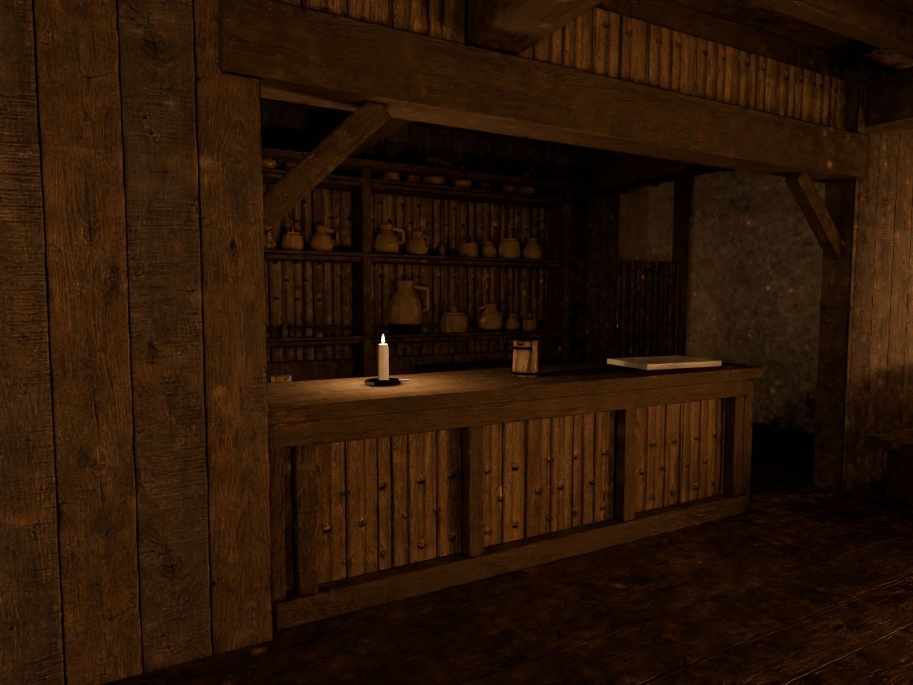 The tavern bar and backbar with jugs on shelves and one candle