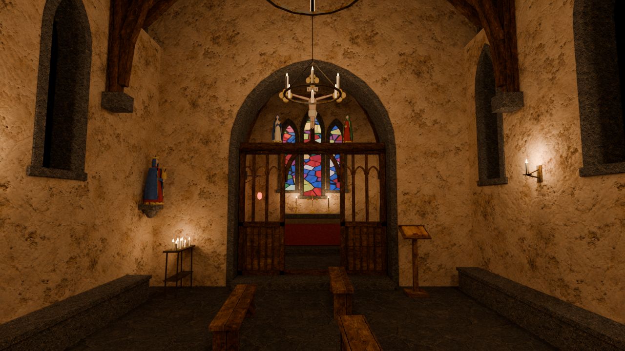 The chapel nave looking to the rood screen and altar