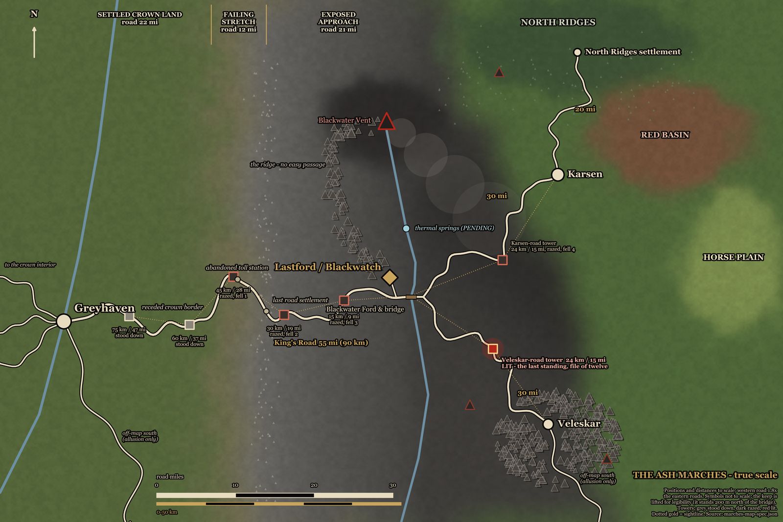 A diagram of solved distances between every settlement and tower