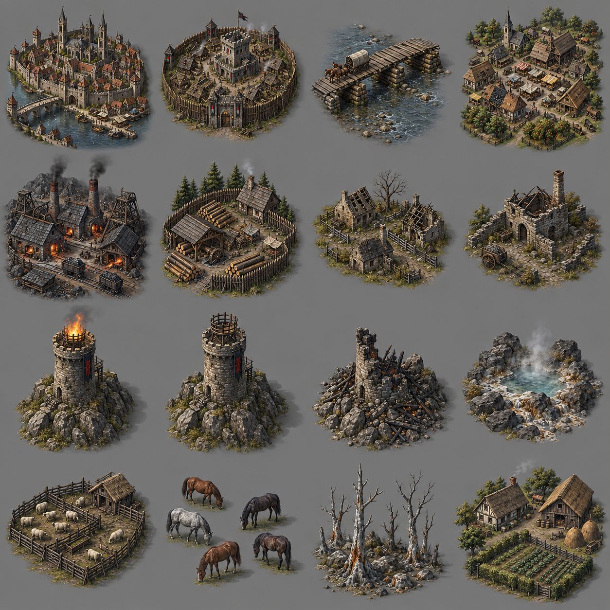 A single painted sheet of settlements, towers and the bridge