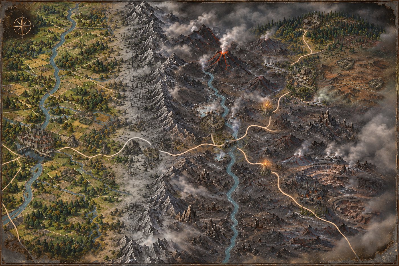 A painted map of the Ash Marches. Green crown farmland and the walled city of Greyhaven in the west; the King's Road running east through grey ash country past a chain of signal towers; a smoking volcano north of Lastford Border Keep, which stands above the road beside the timber bridge over the Blackwater; beyond the river the road forks to Karsen in the north-east and the iron town of Veleskar in the south-east, each with a lit signal tower on its road.